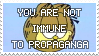 stamp: smug garfield above text you are not immune to propaganda