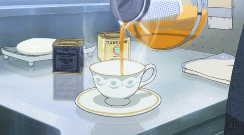 anime gif of pouring a cup of tea with a kettle